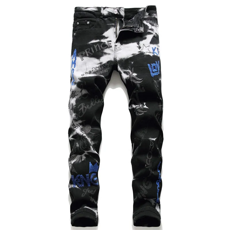 Mäns jeans högkvalitativa smala fit denim byxor stiliga broderier svarta jeans ljus lyxiga sexiga gata mode masiga jeans byxor; 230920