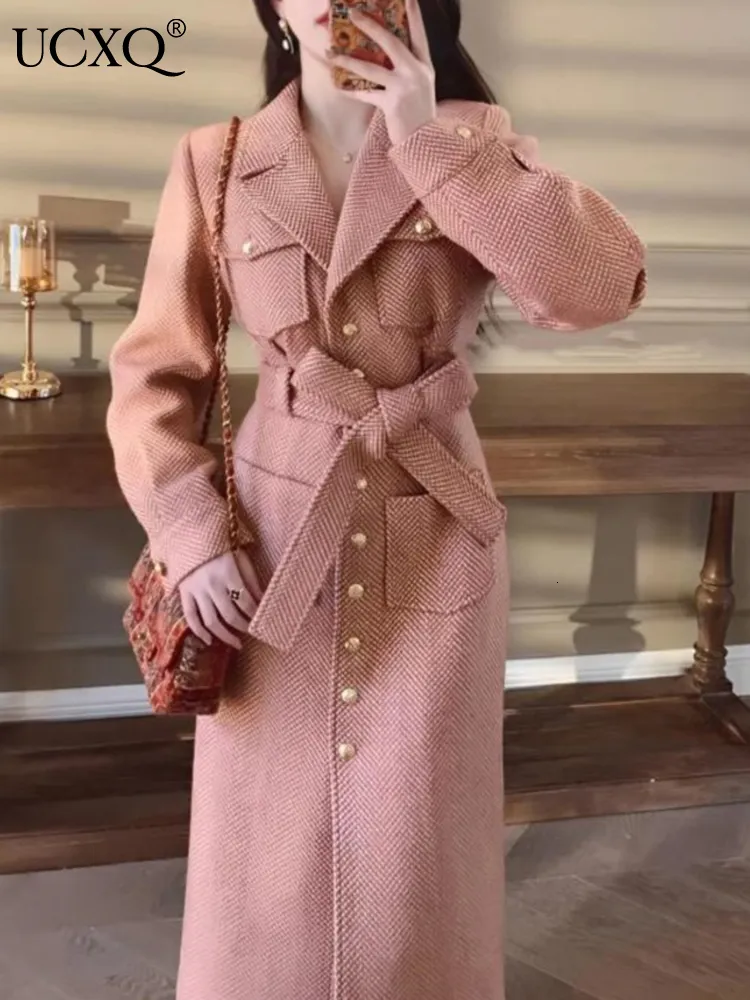 Женские куртки Ucxq, винтажное розовое клетчатое тонкое твидовое пальто, осень-зима 2023, женское офисное пальто средней длины, длинная куртка с зубцами, мм01