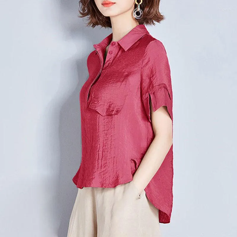Damenblusen 2023 Pendeln einfarbiges Hemd Sommer stilvolle Patchwork-weibliche Kleidung Polo-Ausschnitt lässig kurzärmelig koreanisch asymmetrisch