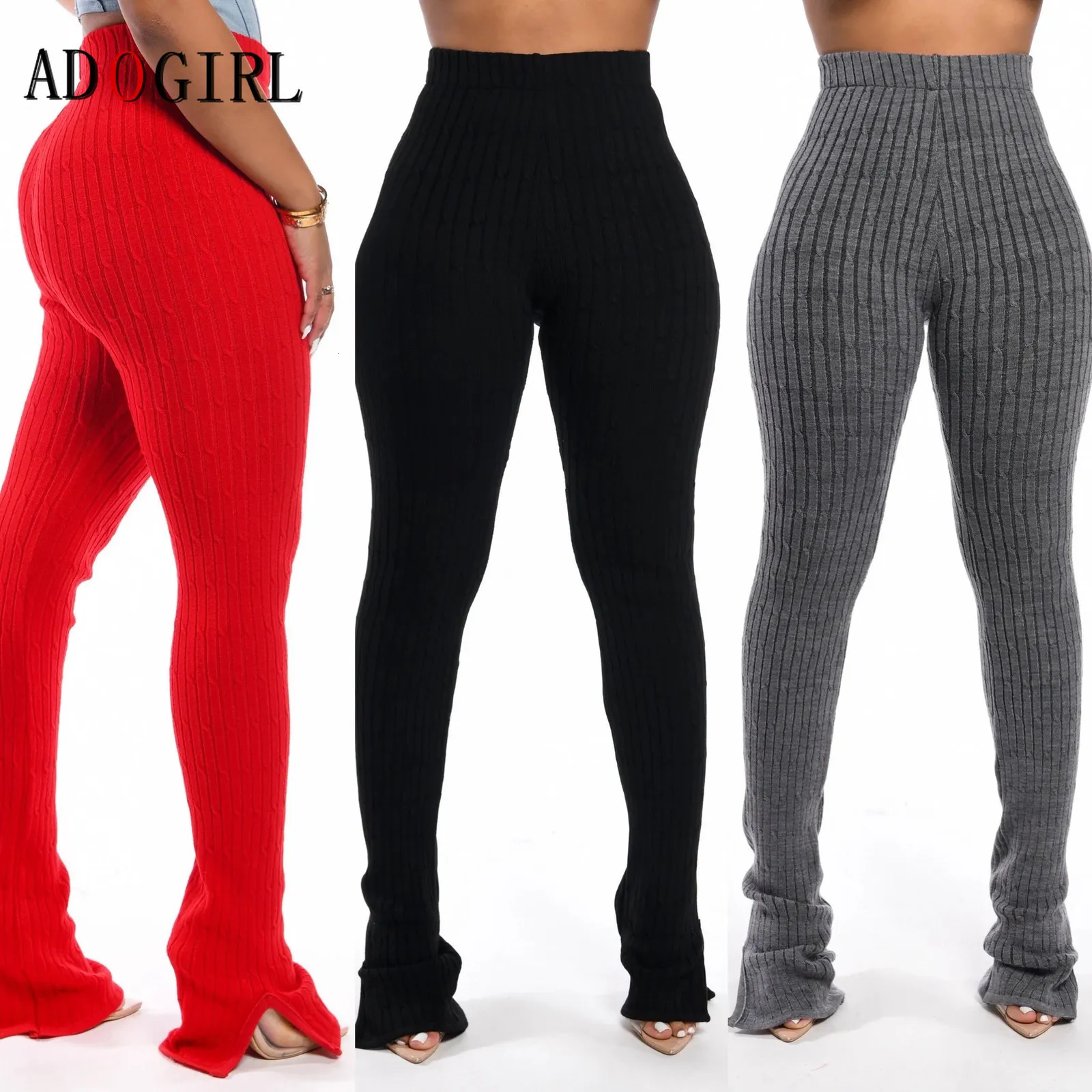 Pantalons pour femmes S Adogirl Automne Hiver Tricoté Fente Latérale Femmes Mode Solide Taille Haute Casual Pantalon Long Élastique Bell Bas Pantalon De Survêtement 230920