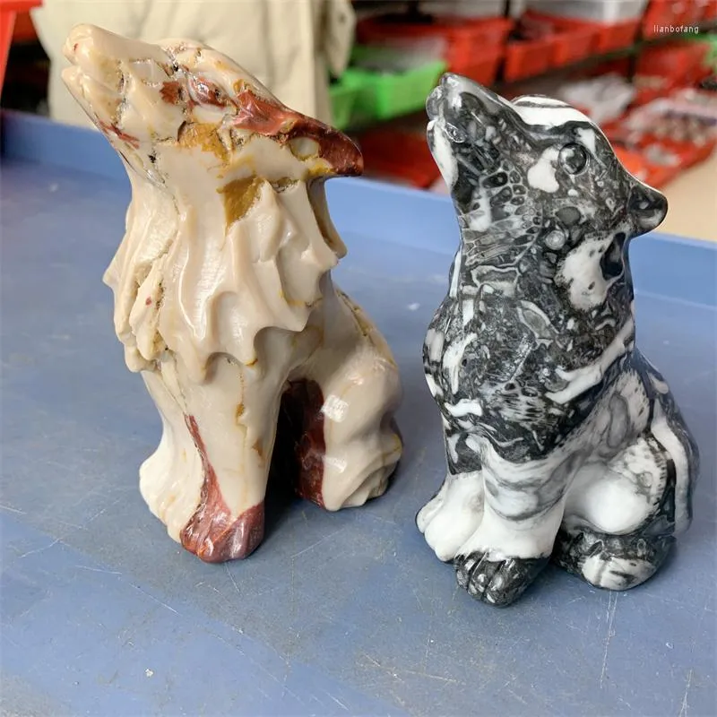 Figurines décoratives Cristal Naturel Jade Loup Sculpté À La Main Animaux Statue Quartz Guérison Énergie Pierre Précieuse Artisanat pour La Décoration Intérieure Ou De Noël