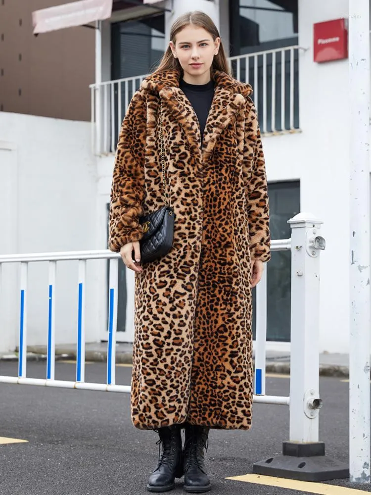 Casaco de pele feminino x-long leopardo impressão para mulher 2023 inverno engrossar quente falso lapela trench coats elegante