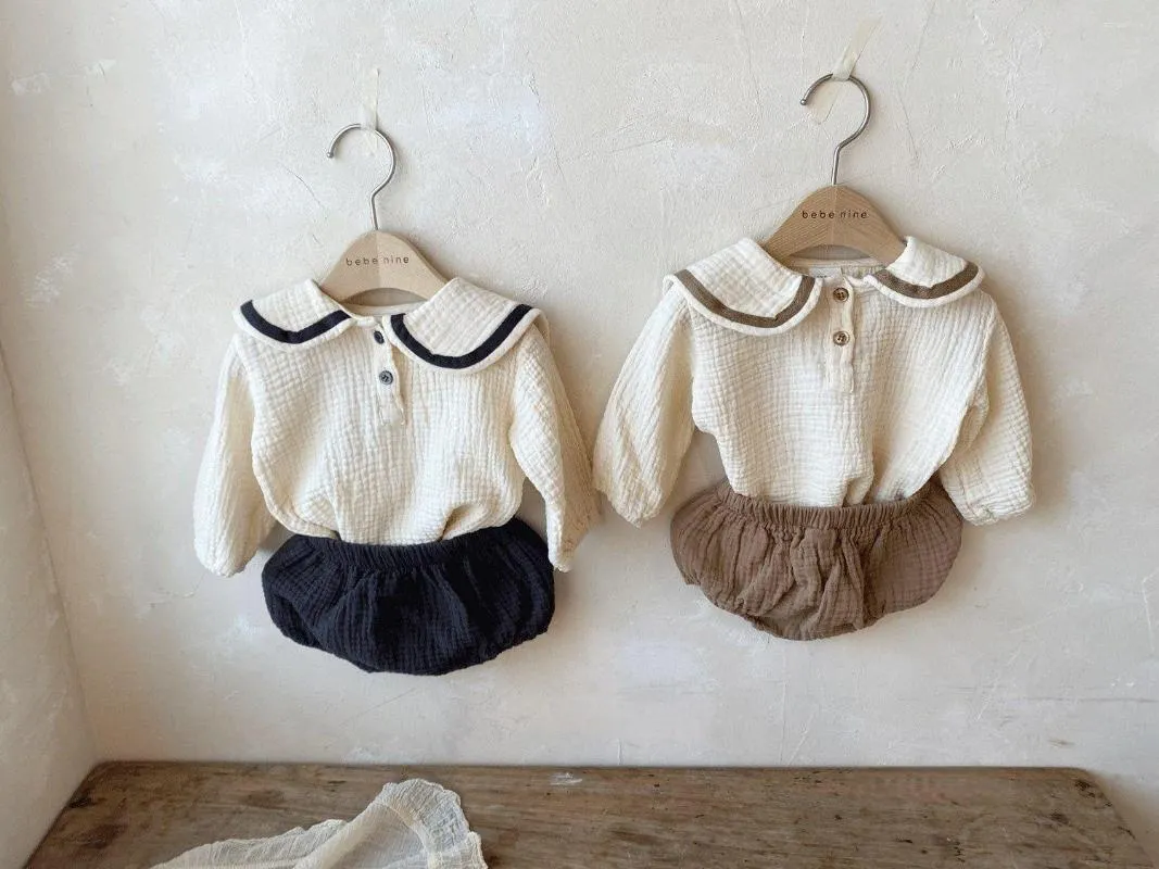 Ensembles de vêtements de style coréen pour bébé, vêtements pour nourrissons, haut à revers, pantalon à pain, costume né garçon et fille, col bleu marine, coton doux, décontracté et élégant