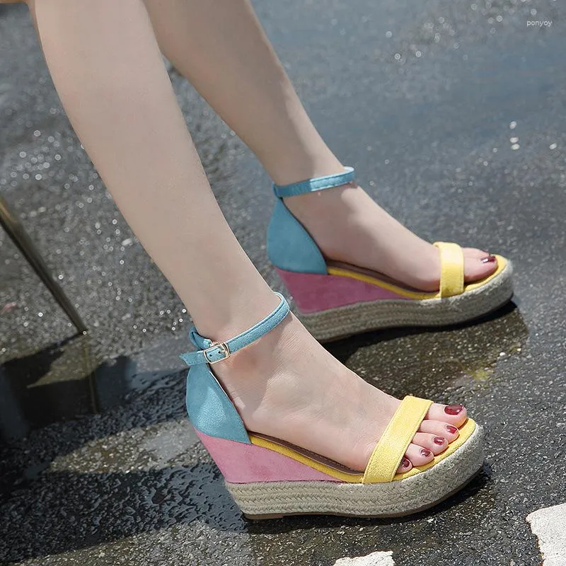 Sandalet 2023 Yaz Şeker Renk Kamaları Kadın Tek Band Kapak Topuk Gladyatör Sandalyas Mujer Karışık Tuval Sandale Femme