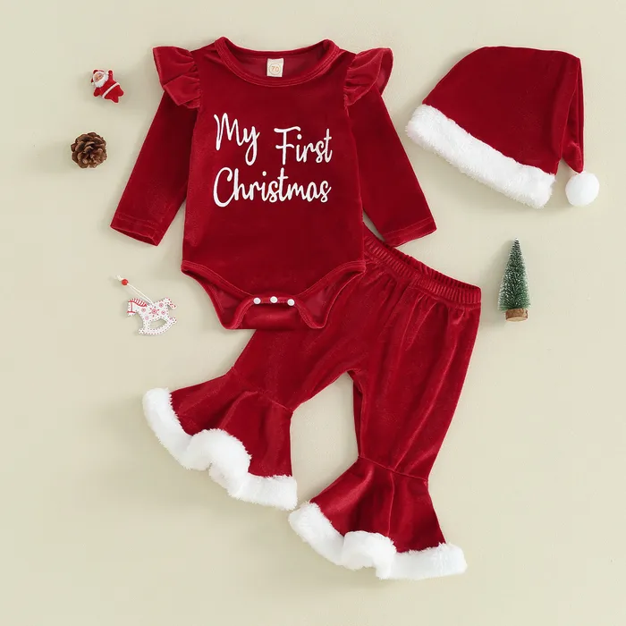 Ensembles de vêtements ma bébé 018M Noël né infantile bébé fille vêtements rouges lettre barboteuse velours pantalon évasé chapeau tenues de Noël costumes D05 230919