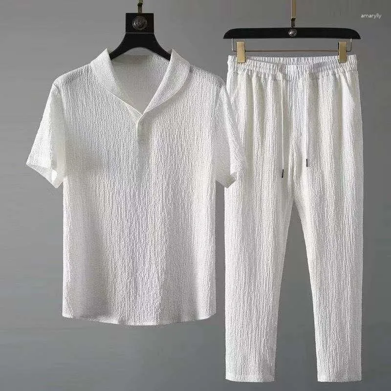 Tracksuits masculinos verão homens casual branco polo t-shirt calças 2 peças conjunto retro manga curta camisa de cor sólida calças de treino moda
