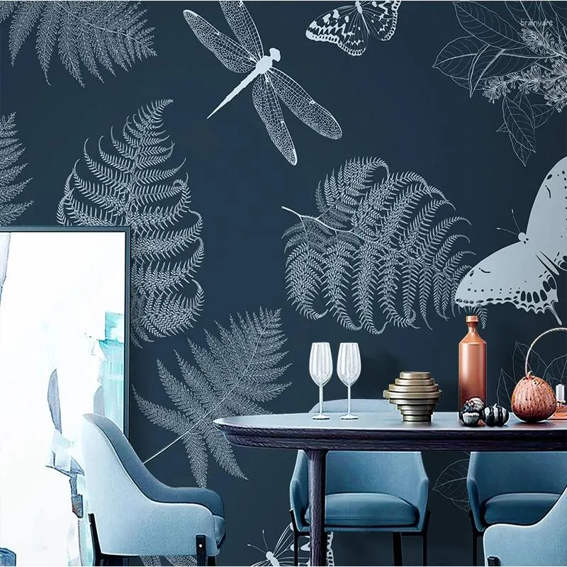 Bakgrunder Anpassad po väggmålning retro stil lämnar fjärilsmålad marinblå 3d lättnad tapeter vardagsrum soffa bakgrund väggdekor
