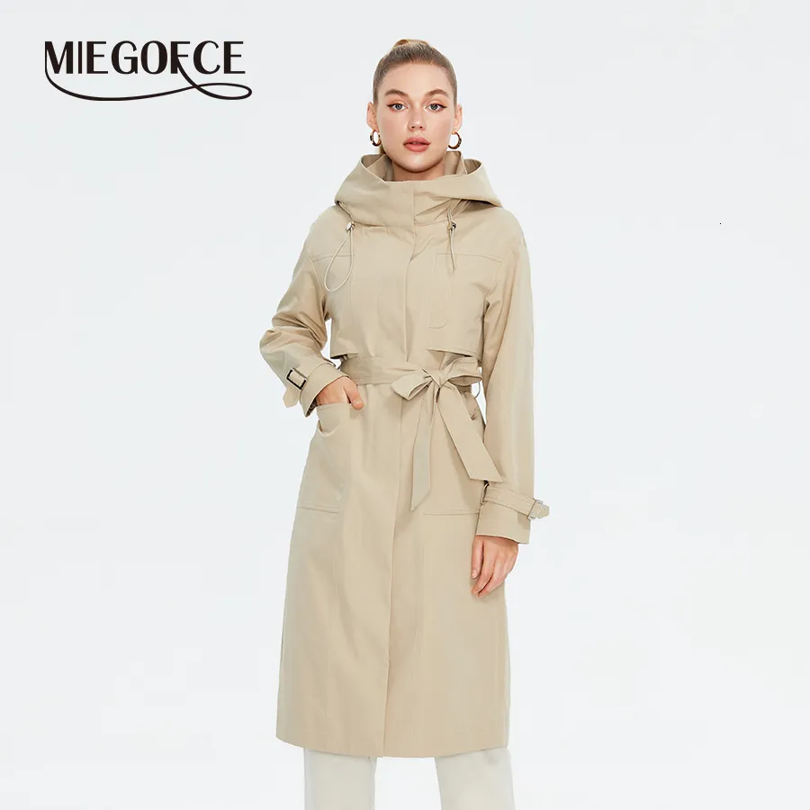 Women's Trench Coats MIEGOFCE 2023 Spring Autumn Fashion Long Coat Female Hooded Belt Jacket Casual Loose Windbreaker Parka F23809 230920