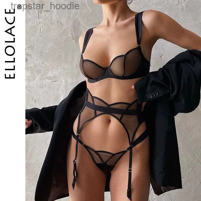 Conjunto Sexy Ellolace Sexy Lingerie Sem Emenda Mulheres Lingerie Transparente Kit Sutiã de Renda Push Up Set Mulher 3 Peças Ligas Conjuntos Exóticos L230920