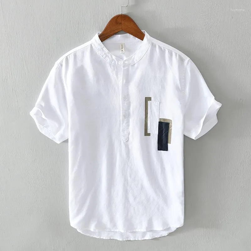 Men's T Shirts Brand Linen Shirt Men Summer Solid Short Sleeve Stand Neck Tops& Tee Breathable Cotton Soft Size M-XXXL