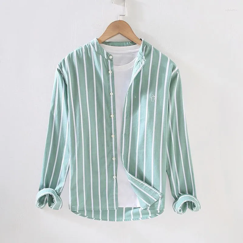 Camisas casuais masculinas mens listrado vertical 2023 primavera botão de algodão verde camisa de manga longa designer blusa estilo coreano