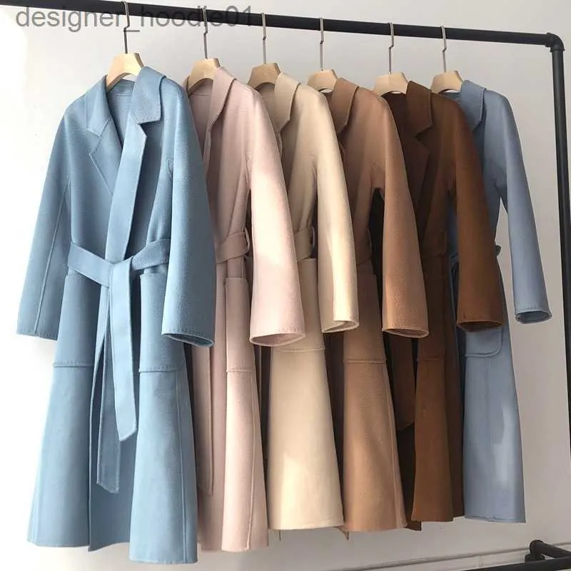 Women's Wool Blends Korean Women Handmade Hepburn Corrugated Water Ripples Coat Double-sided Cashmere Wool Long Woolen Jacket Cashmere Coat Max L230920