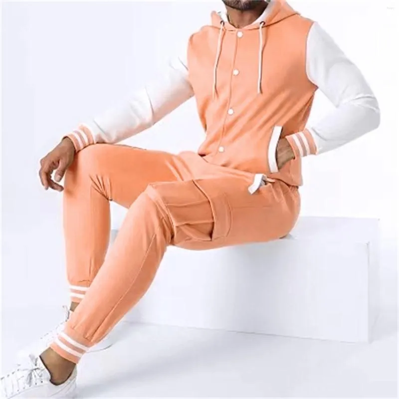 Tracksuits masculinos outono e inverno duas peças conjunto masculino uniforme de beisebol jaqueta calças define casual botão com capuz casaco calças outfits