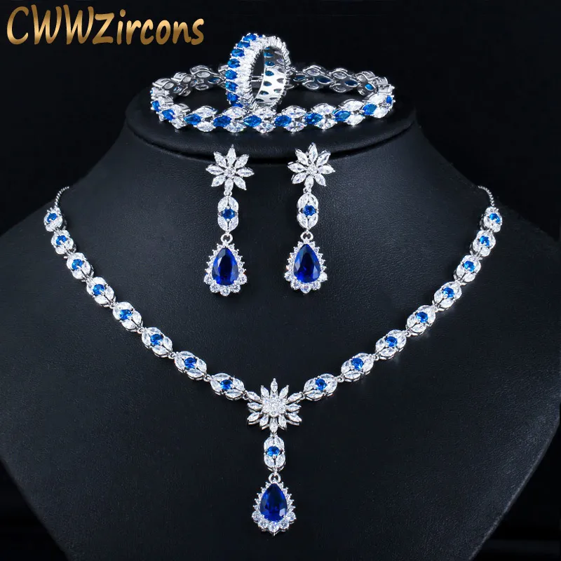 Bruiloft Sieradensets CWWZircons 4 Stuks Blauwe Kubieke Zirkoon Kristal Bloem Drop Ketting Oorbel Armband Ring Bruidskostuum T439 230920