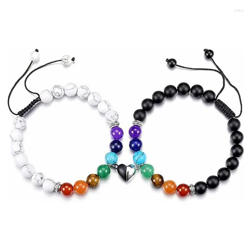 Charme Pulseiras 2 Pçs/set Casal Pulseira Para Mulheres Homens Forma de Coração Magnético 7 Chakra Cura Yoga Reiki Oração Bead Pedras Bangle Party