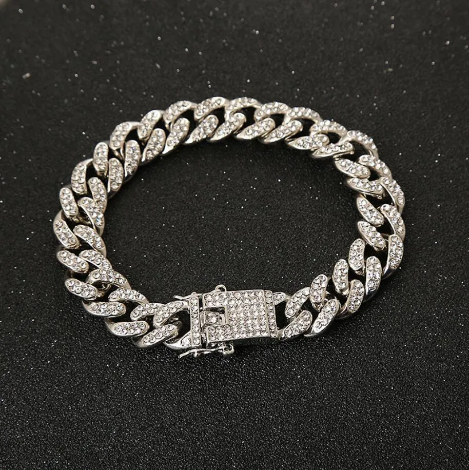 Men Hip Hop Iced Out Crystal Prong Cuban Chain Bracelets Women Luxury Paved Rhinestone Link Chain Bracelet Punk Rapper Jewelry