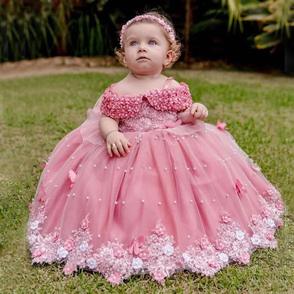 Cute Pink Flower Girl Dresses Ball Gown Floor Length Long Kids Pageant  Birthday Party Dressing Gowns Ruffles