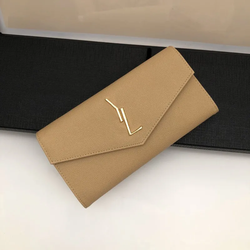 Envelope leather designer wallets small coin purses solid color grain pattern long pouch daily zippy luxury card holder plated gold silver hardware xb064