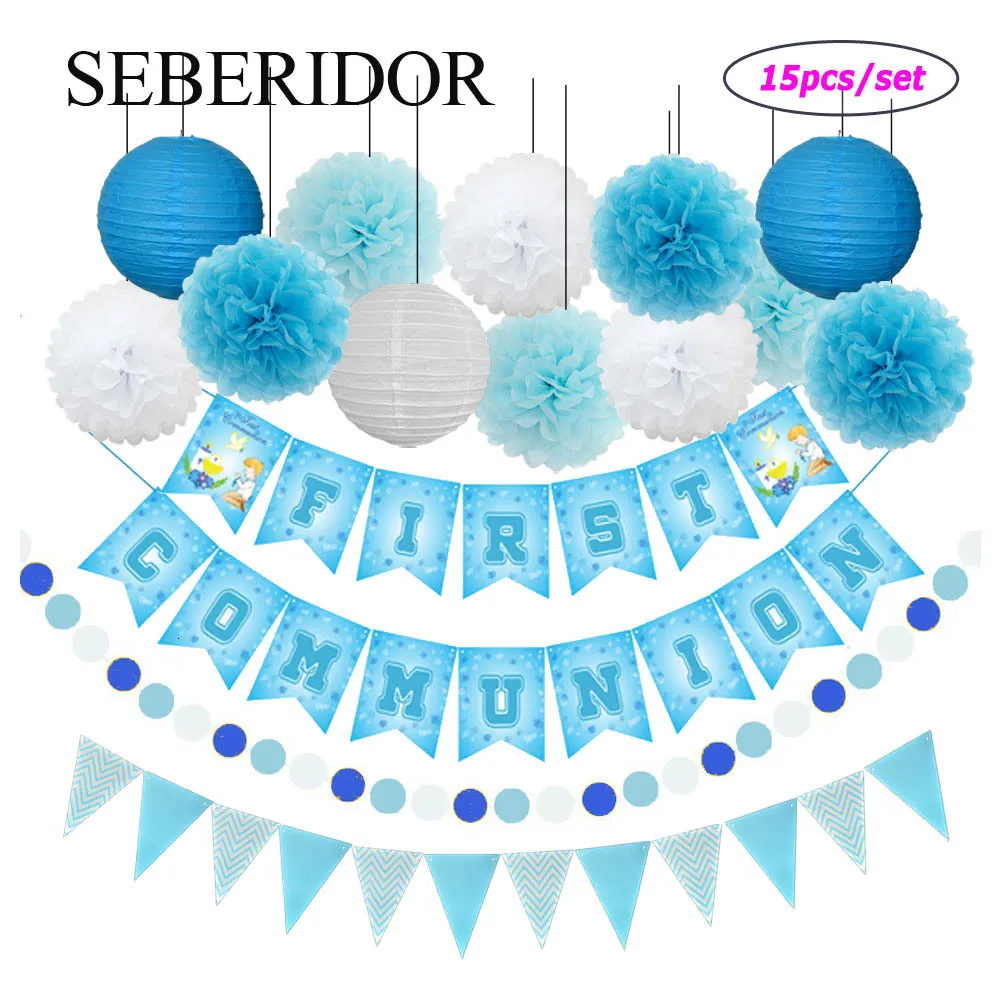 Andere evenementen Feestartikelen Mijn eerste heilige communie Gunst Roze Blauw Set Papieren Lantaarn Rond Kinderen Jongen Meisje Evenementen Decor DIY Tissue Pompom Banner 230919