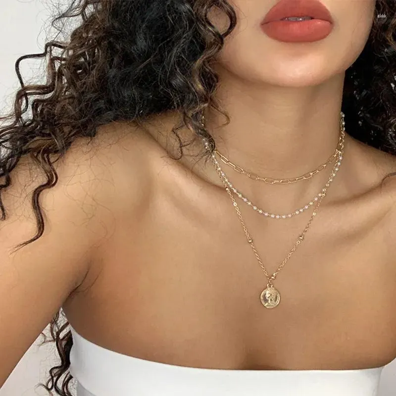 Chains Vintage Multilayered Pearl Necklace For Women Fashion Gold Color Portrait Human Head Coin Pendant Thick Chain Necklaces Jewelry