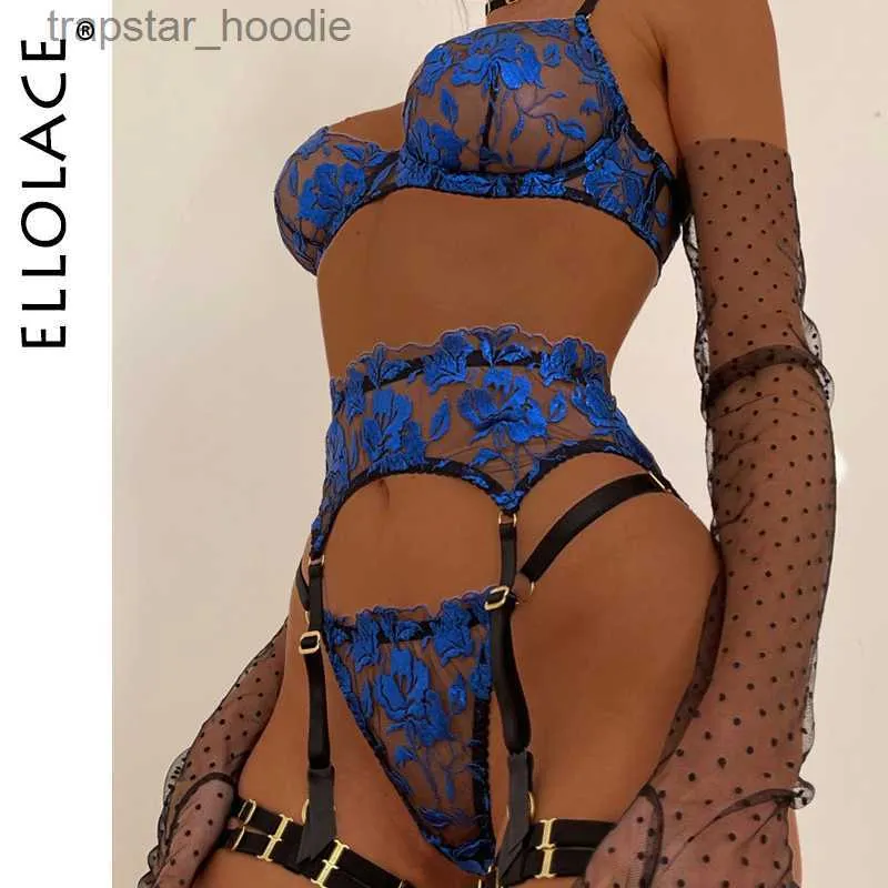 Conjunto Sexy Ellolace Cobalto Fantasia Lingerie SexyPorn Roupa Interior Mulheres Bordado Floral Íntimo Sutiã Transparente Renda Sensual Conjuntos Exóticos L230920