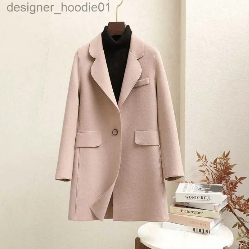 Women's Wool Blends 2023 Autumn Winter New Double-Sided Cashmere Woolen Coat Women Mid-Length Solid Color Suit Collar Outcoat High-End Loose Outwear L230920