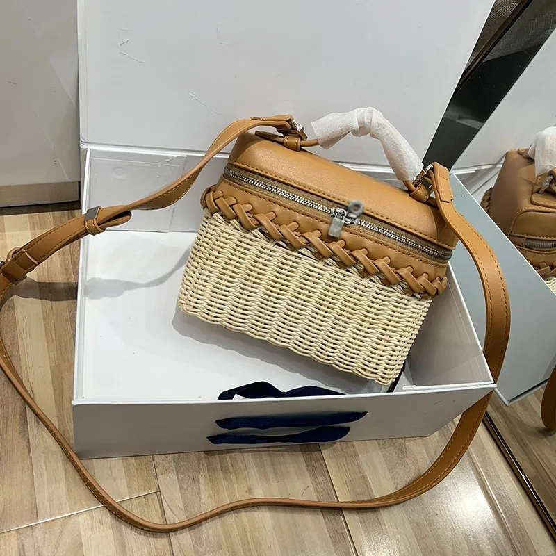 Piana L19 Box LP LP Women Bamboo Woven Designer Bolsa de maquillaje Bolsos de cuero genuino lienzo de avestruz