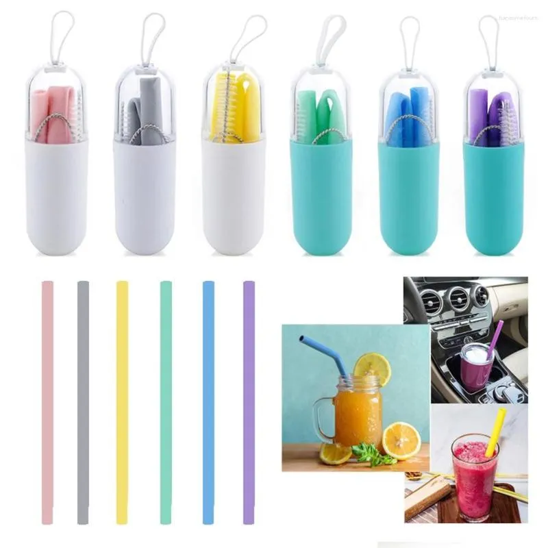 Gobelets paille en Silicone avec boîte à brosse propre, réutilisables, droits pour boissons, jus, Cocktail, café, articles pour la maison, pièces de Bar de cuisine