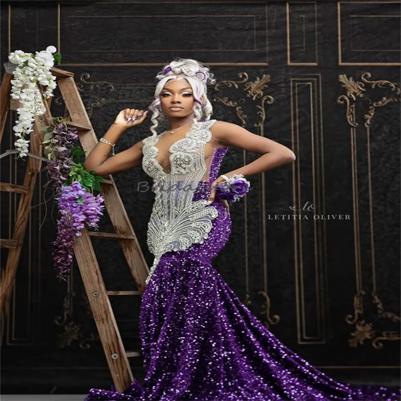 Nero ragazze viola vestito da ballo 2024 strass Crsytal sirena abiti da sera di lusso in rilievo compleanno occasione abiti da festa Hoco abiti da festa elegantes para