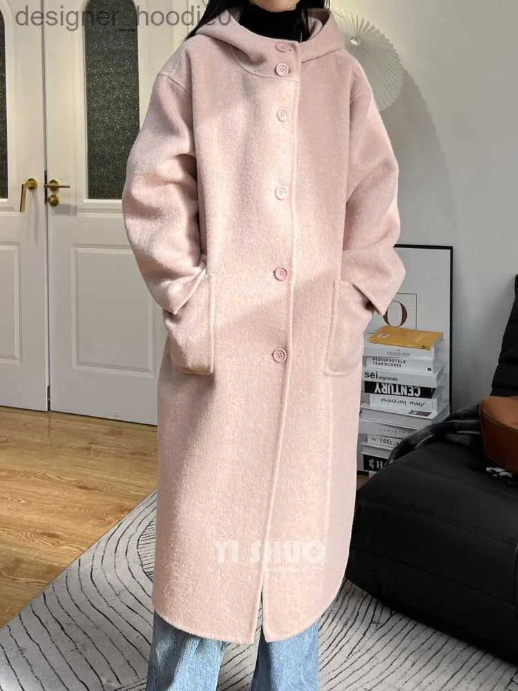 Womens Wool Blends Casual Double Sided Hooded Wool Cashmere Coat