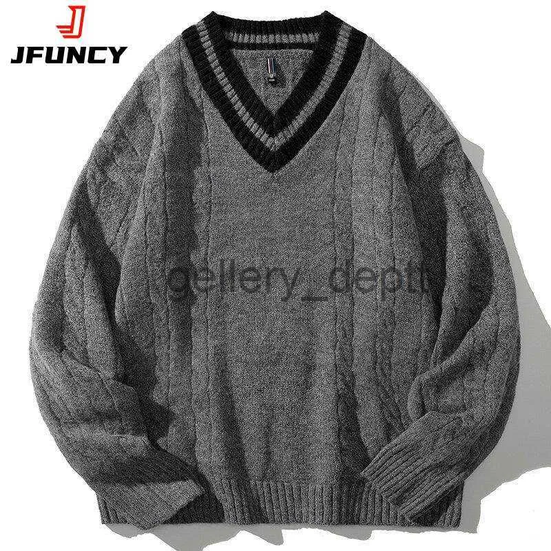 Męskie swetry jfuncy męskie dzianiny zimowe swetry duże męskie czarne pullover v skoczki na szyję męskie dzianiny w paski męskie ubrania j230920