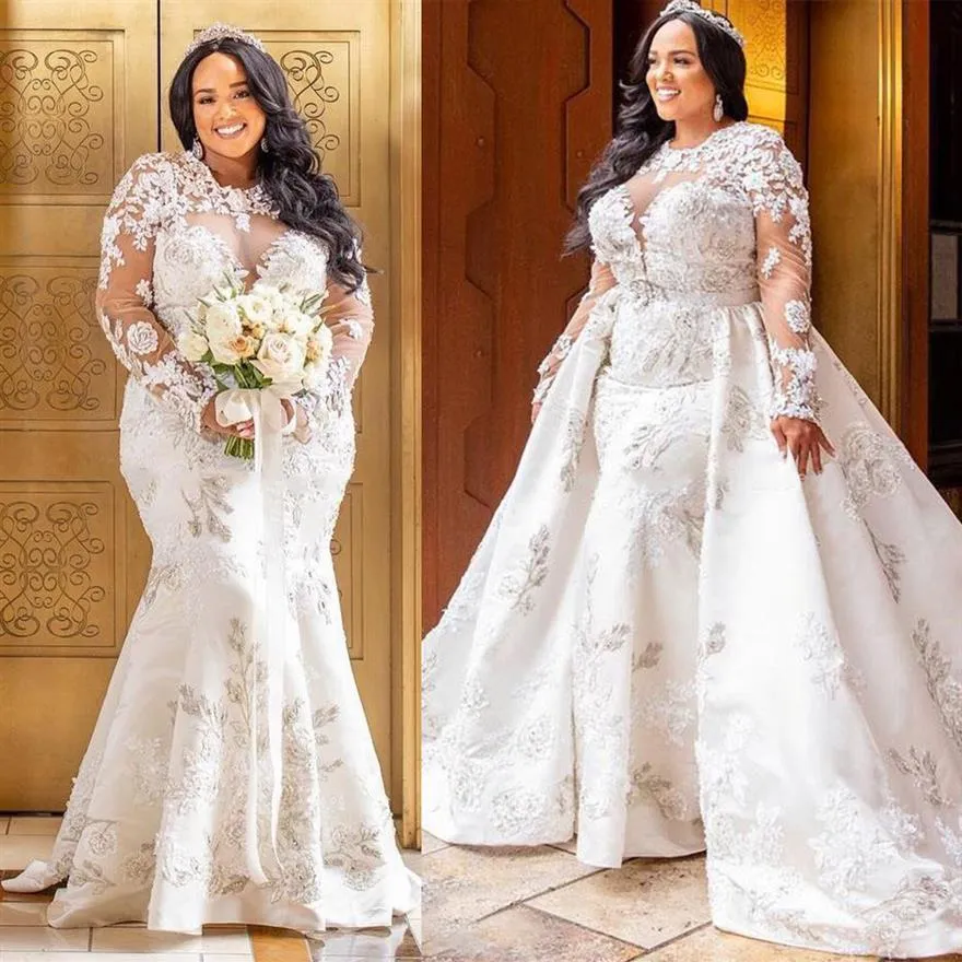 Plus size A Line Wedding Dresses jewel full-Sleeve race applique floor-length Wedding Gown Removable Train Vestidos De Novia192g