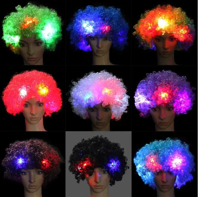 LED Light Clown Disco Party Wigs Colorful Afro Wig Hippy Football Fans Wigs Halloween Costume Cosplay Wig Hairpieces for Women and Men