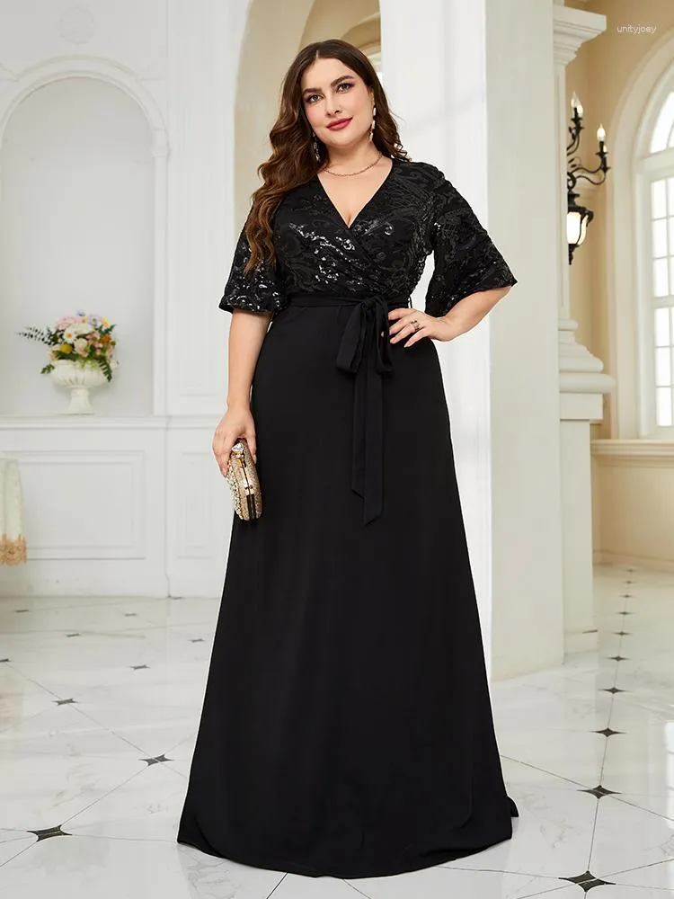 Party Dresses Xuibol Plus Size Luxury Sequin Evening Dress 2023 Women Formal Maxi Prom Short Sleeve Wedding Chiffon Black Cocktail