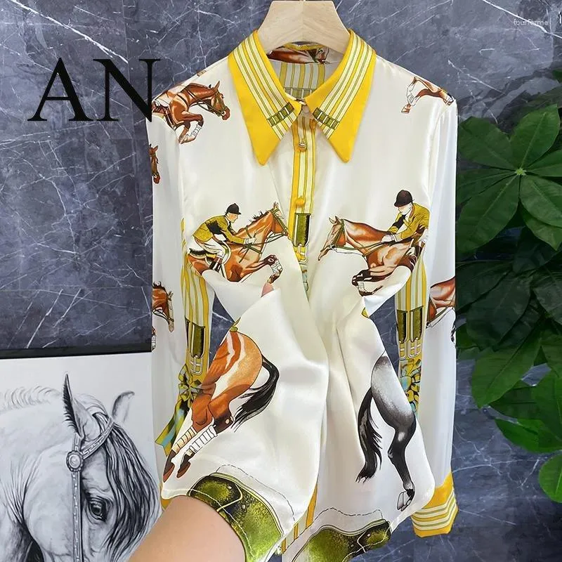 Kvinnors blusar Spring Chiffon Shirt Imitation Silk Stretch Satin Equestrian Print Blue Ladies 'Top Elegant