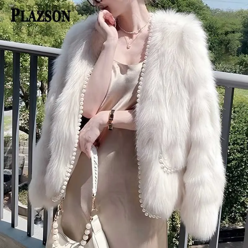 Fourrure Femme Fausse Fourrure PLAZSON Pearl Edge élégant blanc fausse fourrure de renard femmes manteau Cardigan à manches longues fourrure artificielle peluche veste fête réunion vêtements d'extérieur L230920