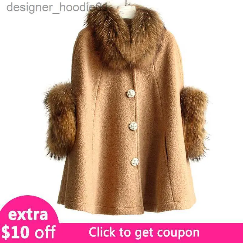 Misturas de Lã Feminina MAOMAOKONG Novas Mulheres Outono Capa Poncho Casaco Jaqueta Natural Real Raccoon Fur Collar Lã Xaile Manto Roupas Femininas L230920