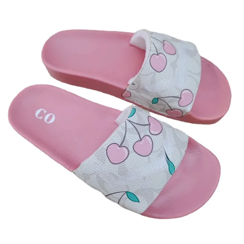 Men's and Women's Brand Slippers Summer Cute Pink Cherry Print Flat Sandals Size 35-46