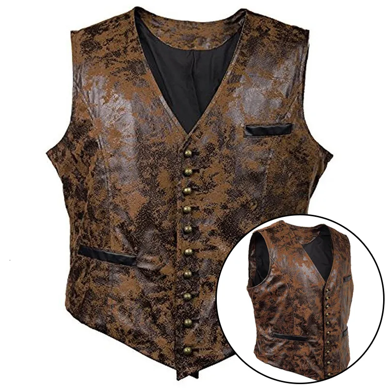 Men's Vests Men Gothic Suede Vest Rivet Button Single Breasted V Neck Waistcoat Victorian Aristocrat Mens Cosplay Costume 3XL 230919