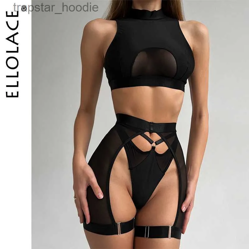 Sexy Set Ellolace Sexy Lingerie Set Vrouw 3 Stuks Vest Top Naadloos Ondergoed Jarretellegordel Set String Zwart Intieme Exotische Sets L230920