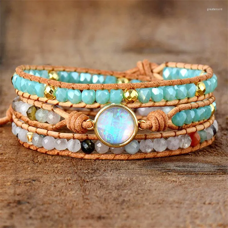 Strang handgemachte Boho mehrschichtige natürliche Kristall Achat Stein Perlen Perlen Armband Opal 3 Stränge Leder Wickelarmbänder für Frauen