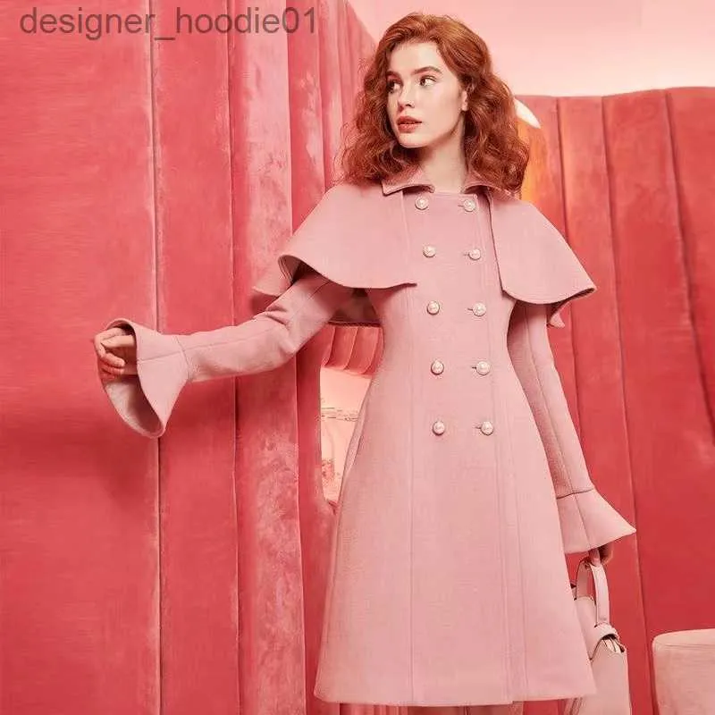 Mélanges de laine pour femmes hiver rose mélanges de laine vestes Europe manteau épaissir femme double boutonnage vêtements d'extérieur chauds femme manteau L230920