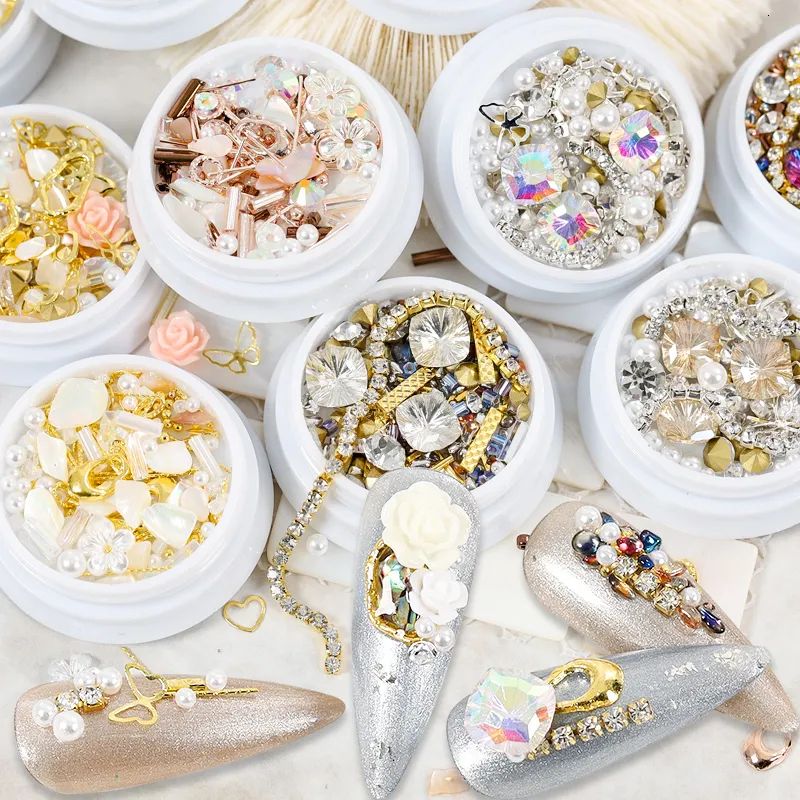 Nail Art Decorations 1 Jar Mix Various Alloy Studs Crystal Jewelry Gold Bar Shiny Stones 3D Rose Flower Pearl Charm Manicure Nail Art Decorations 230919