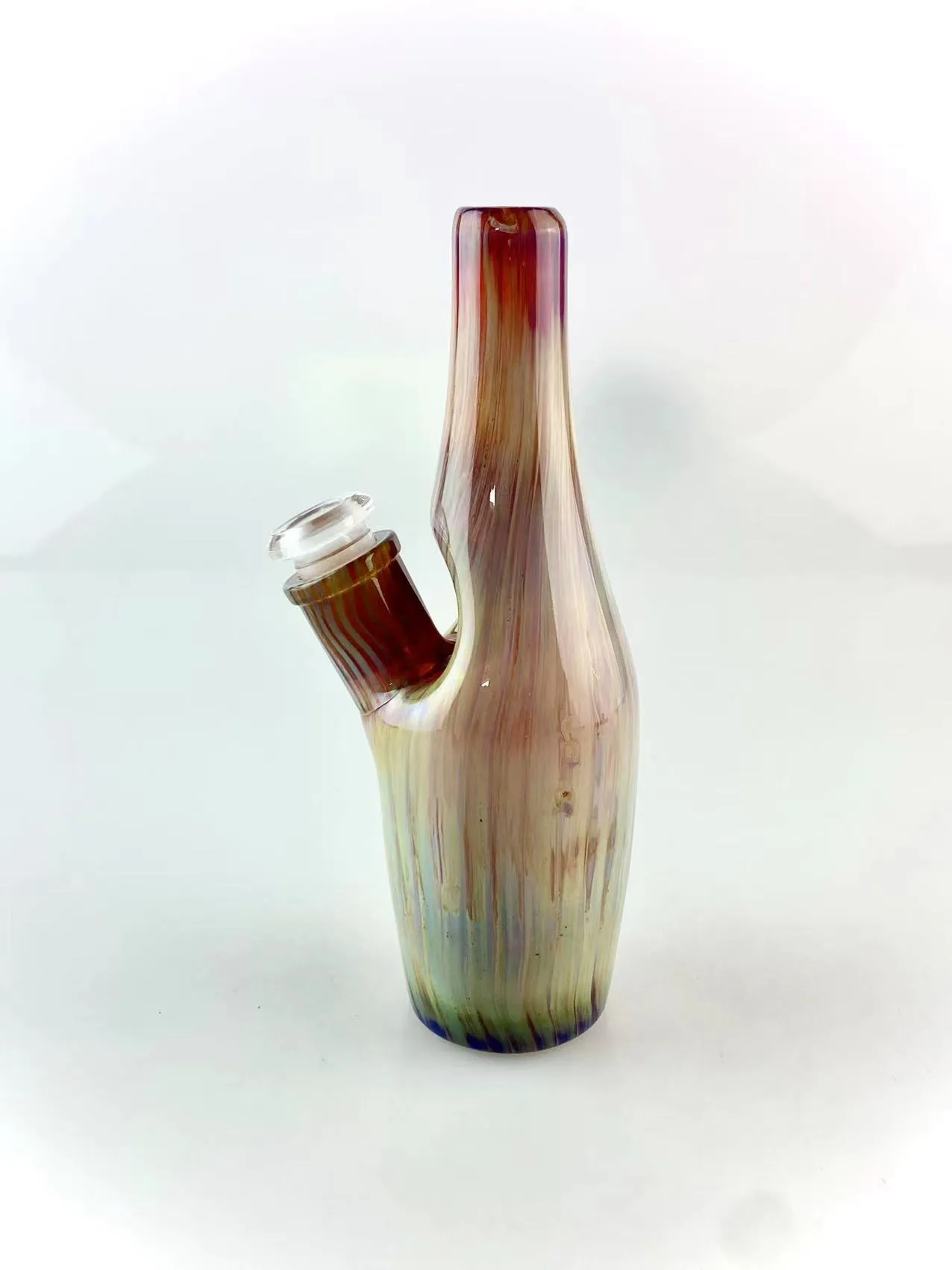 handmade sake bottle double amber violet colored , with a downstem and a 14mm clear bowl