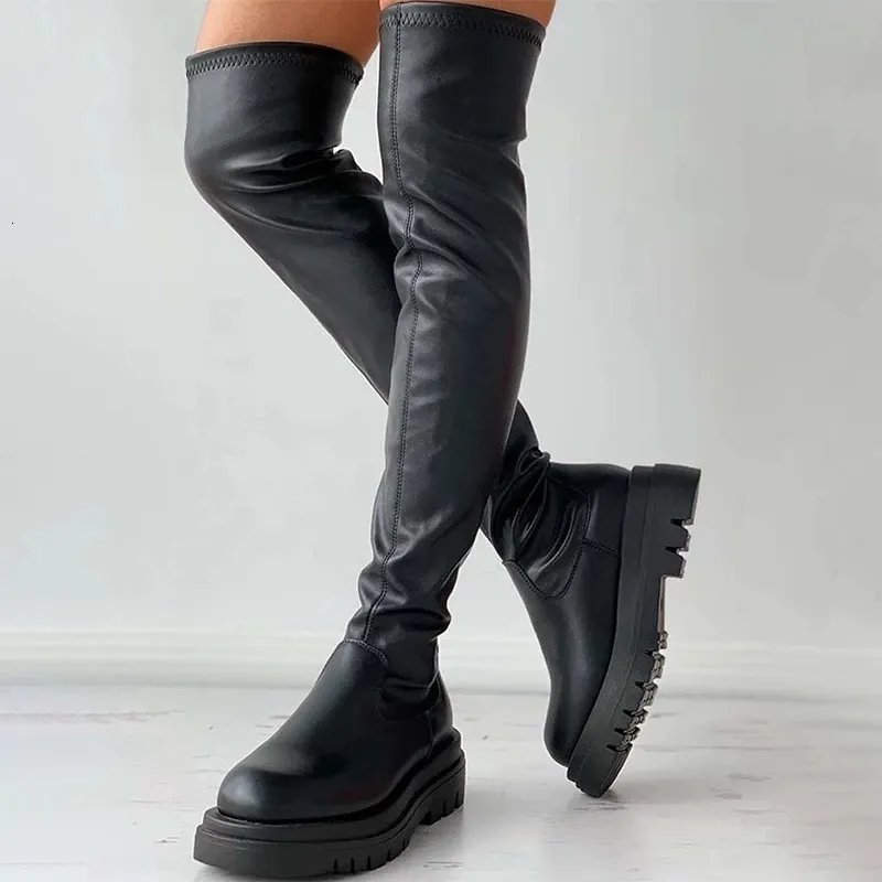 Botas outono inverno coxa alta bota plus size magro pu couro longo mulher plataforma de moda sobre o joelho botas mujer 2023 230920