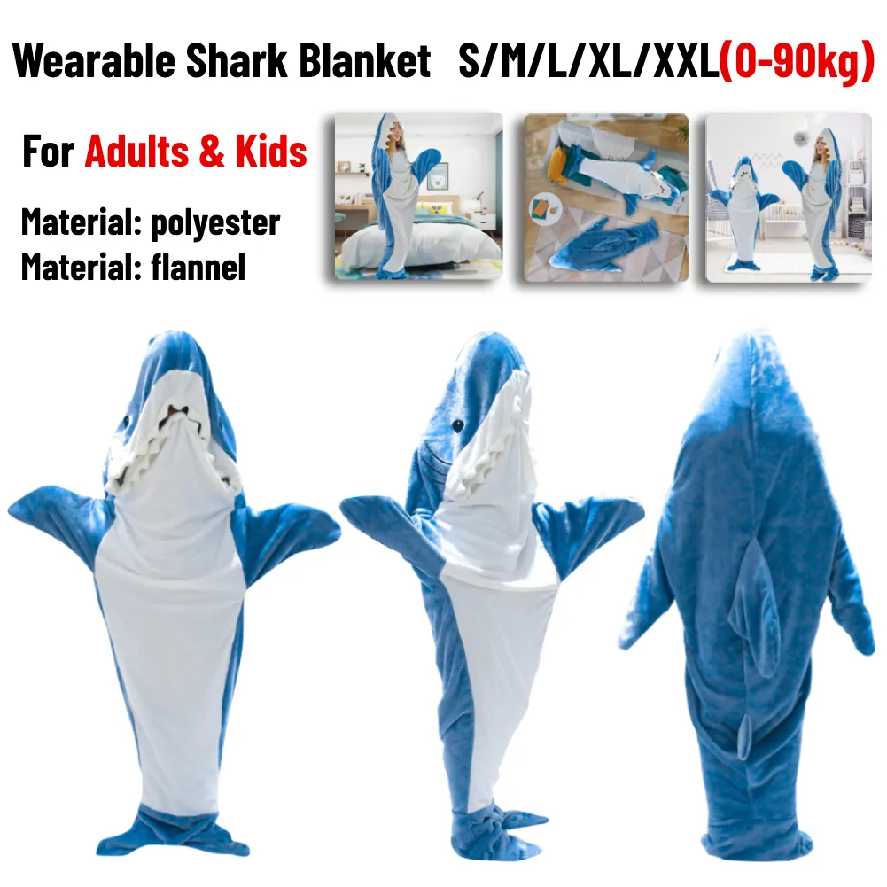 Filtar Cartoon Shark Pyjamas PlaySuit Barnföräldrar Huva varma flanellfilt Pyjamas Homesuit roliga hemkläder för Slumber Party 230920