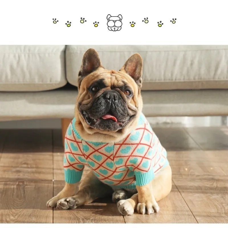 Vêtements pour chiens, cœur bleu, pull pour chien, vêtements pour bouledogue français, 230919