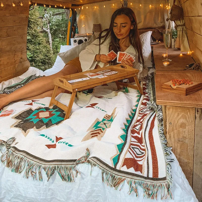 Boho Tribal Aztec Blanket With Tassels And Linen Perfect For