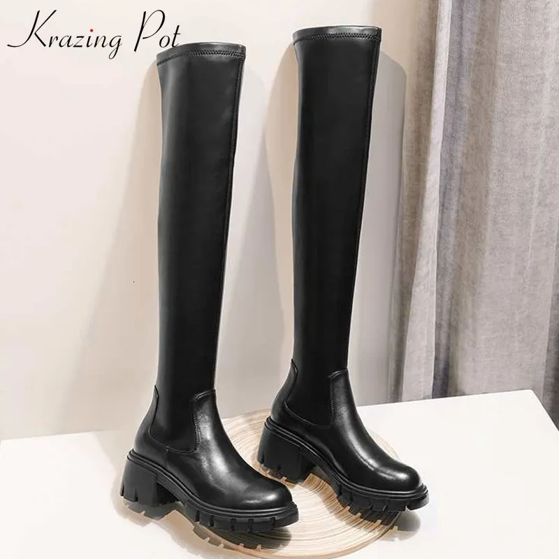 Bottes Krazing Pot Grande Taille Cuir De Vache Stretch Overtheknee Plateforme Bout Rond Talons Hauts Hiver Femmes Cuisse Chaude 230920