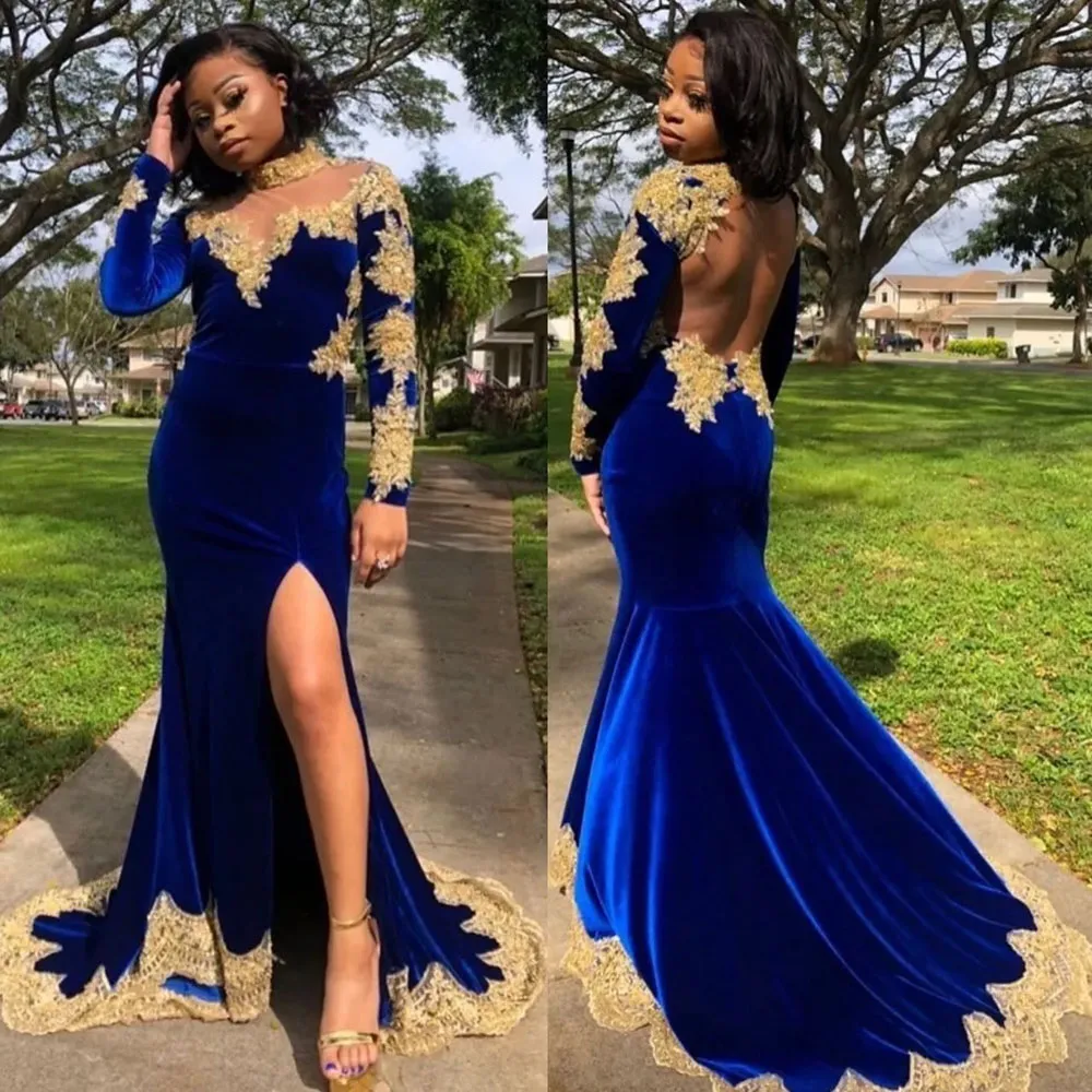 Aftonklänningar Royal Blue Prom Party Gown Mermaid High Neck Trumpet Long Sleeve Velvet Pärled Gold Applique Custom Plus Size Ny Lace Up Zipper lårhöga slitsar